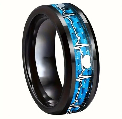 Men's 8mm Tungsten Beveled Edges Gradient Blue EKG Lifeline Heart Wedding Band